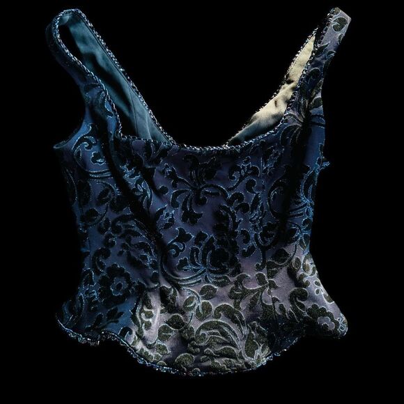 Vintage Cache Blue Velvet Brocade Beaded Corset Bustier Top - Picture 1 of 11
